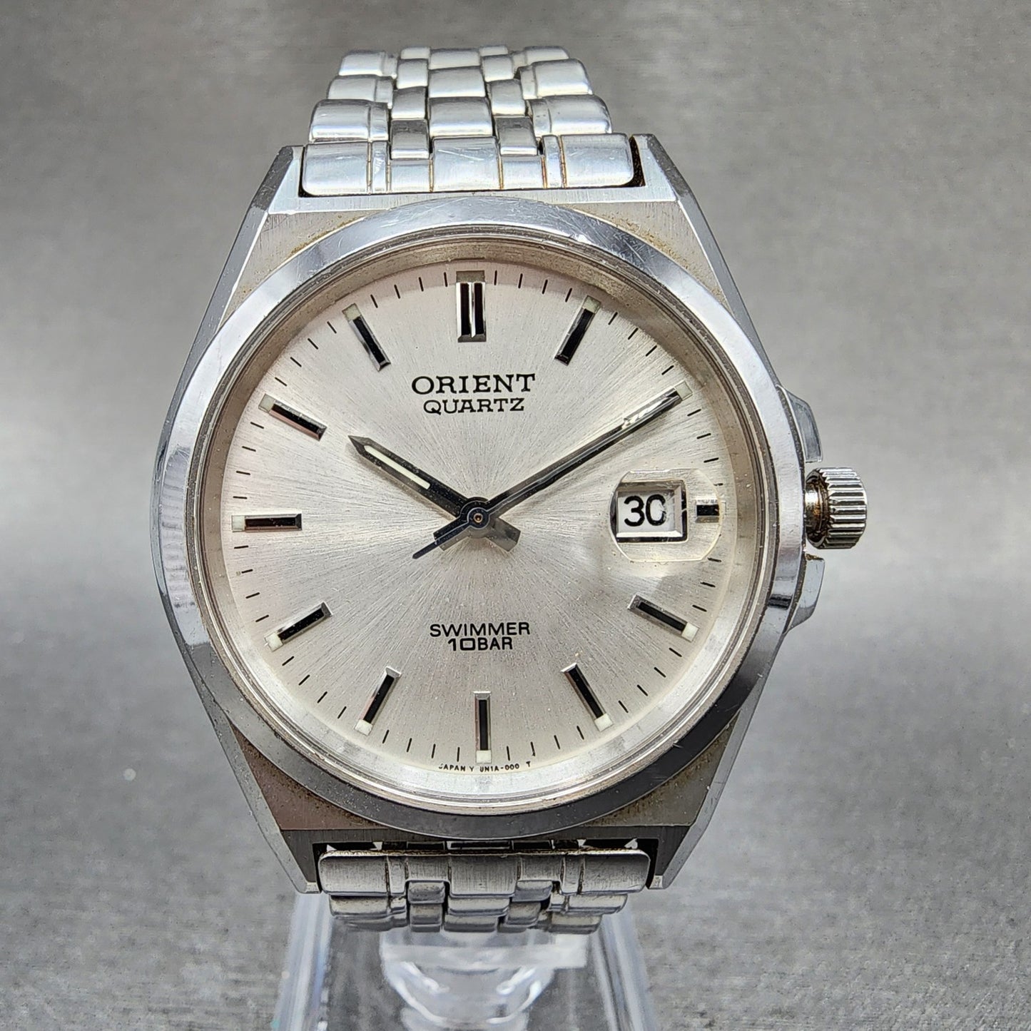 Orient Swimmer Watch Men 36mm Silver Dial Silver Tone Date Round READ New Batt0
