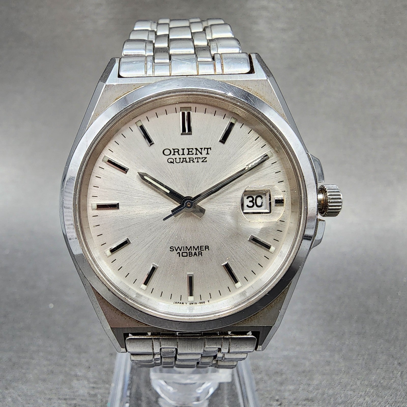 Orient Swimmer Watch Men 36mm Silver Dial Silver Tone Date Round READ New Batt0