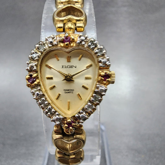 Elgin Heart Watch Women 19mm Champagne Dial Gold Tone Ruby Diamond Bezel New Bat0