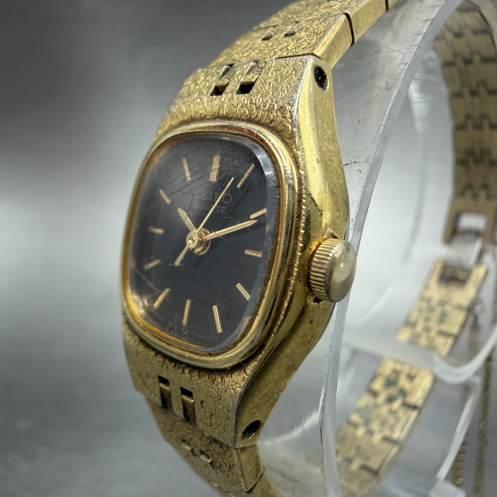 Seiko Watch Women 17mm Black Dial Gold Tone Rectangle 7321-5399 New Battery BCD2