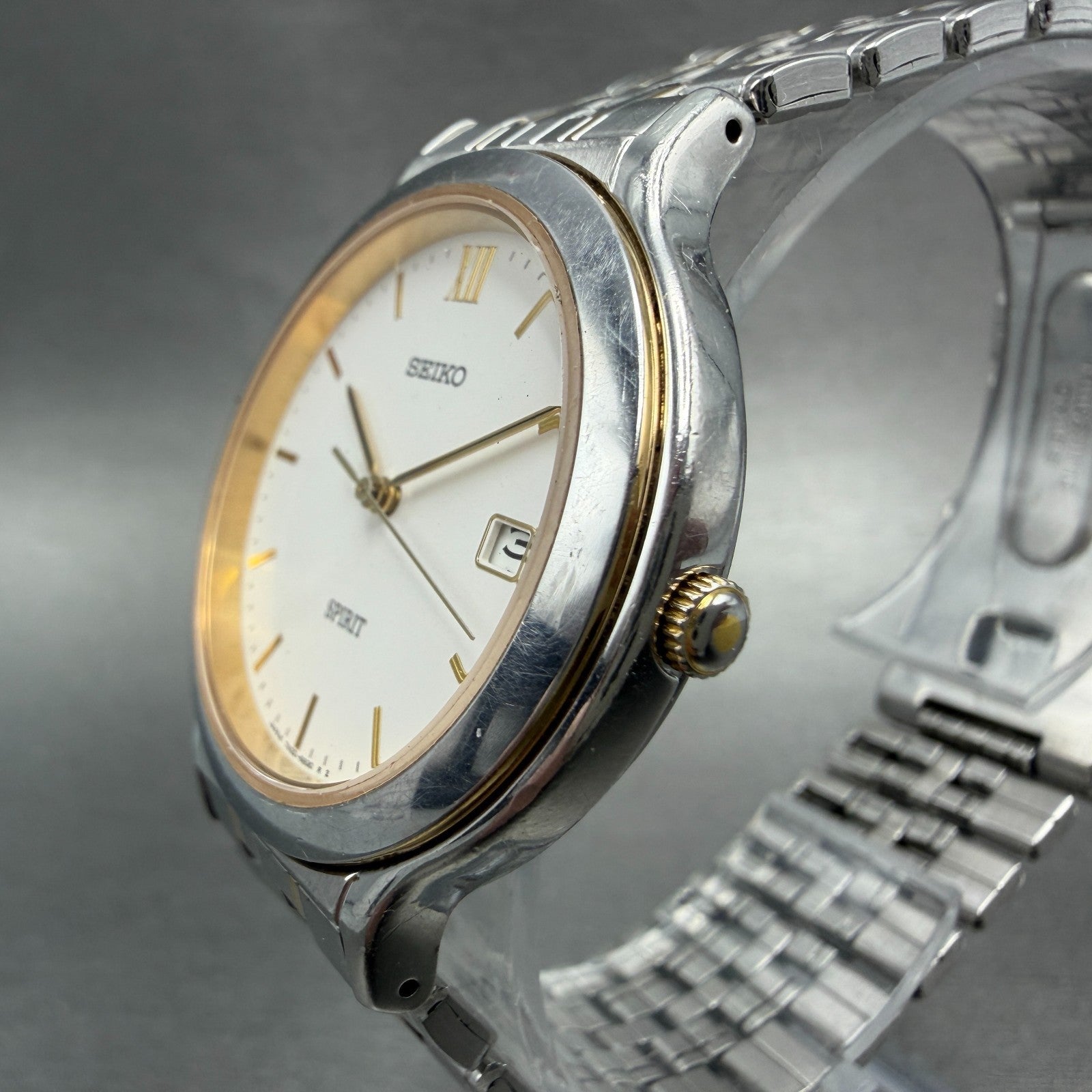 Seiko Spirit Watch Men 34mm White Dial Two Tone Date 7N22-6A80 New Battery2