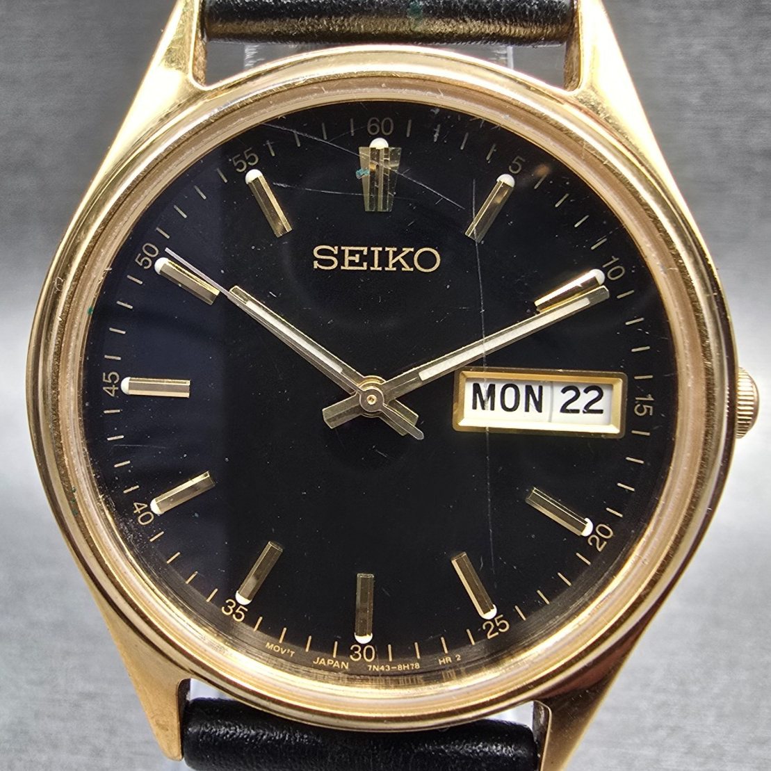 Seiko Watch Men 35mm Black Dial Gold Tone Daydate Round 7N43-8A99 New Battery2
