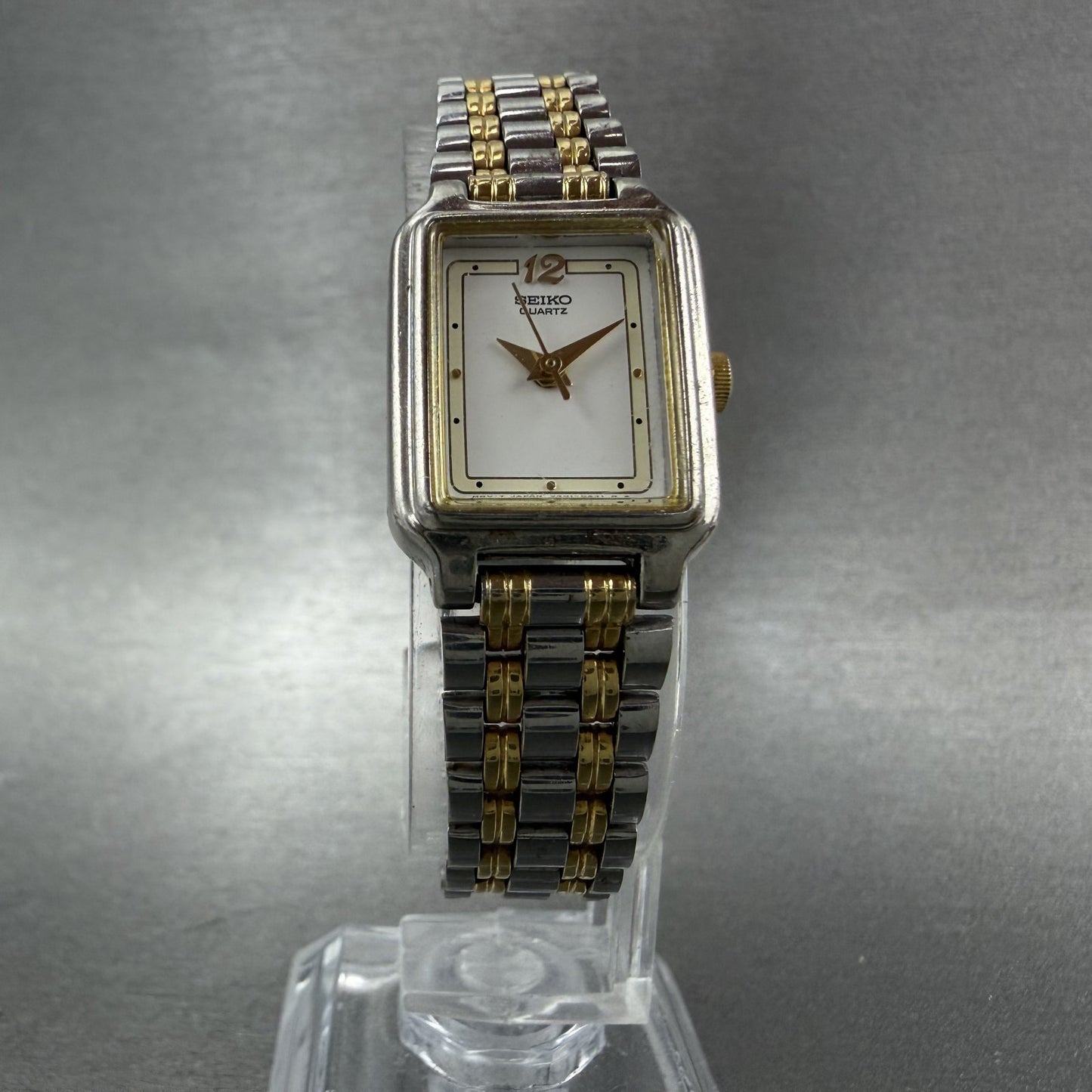Seiko Tank Watch Women 18mm White Dial Two Tone Rectangle V401-5129 New BatteryB5