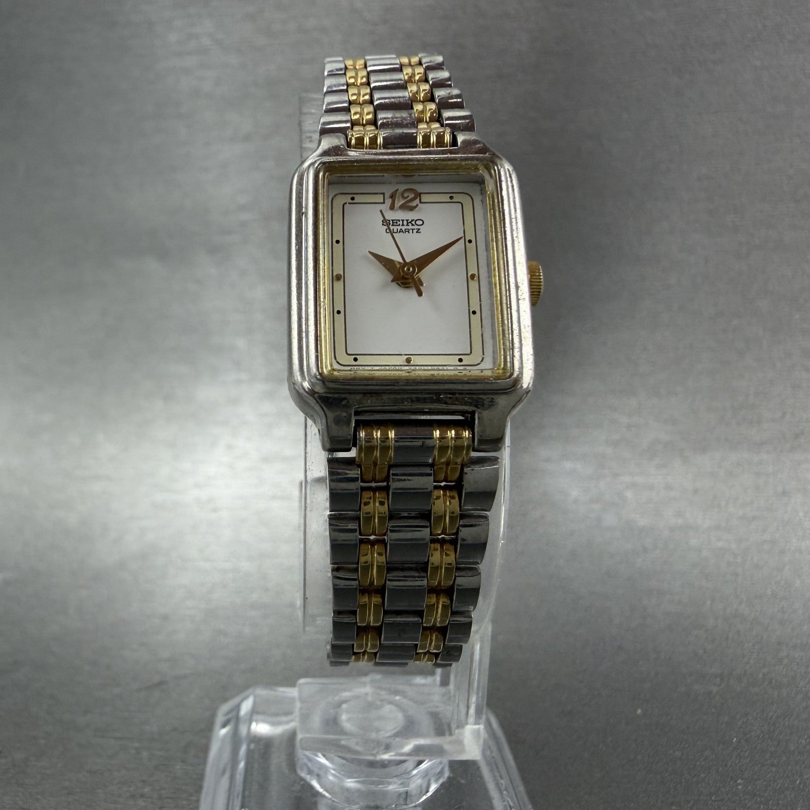 Seiko Tank Watch Women 18mm White Dial Two Tone Rectangle V401-5129 New BatteryB5
