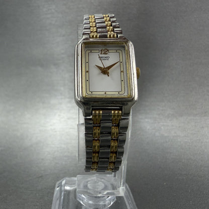 Seiko Tank Watch Women 18mm White Dial Two Tone Rectangle V401-5129 New BatteryB5