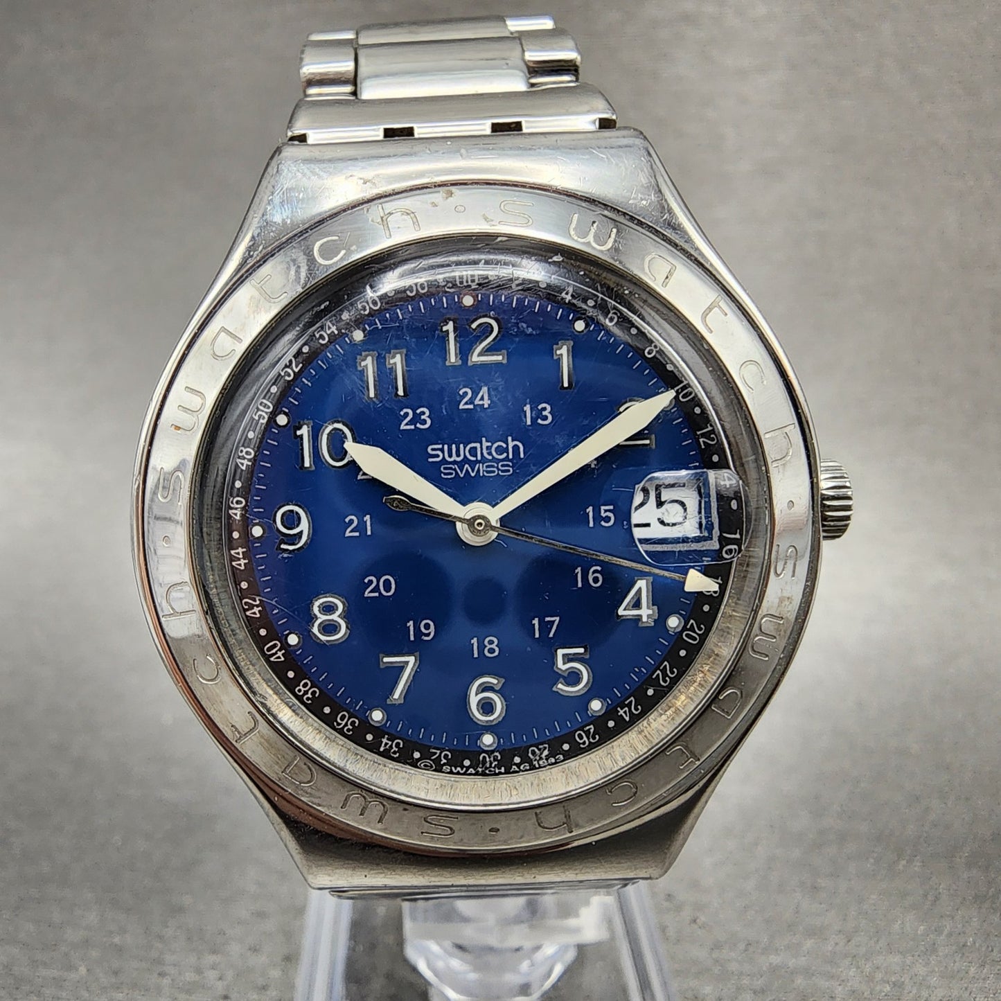 Swatch Irony Happy Joe Watch Men 37mm Blue Dial Steel Date Round New Battery AB10