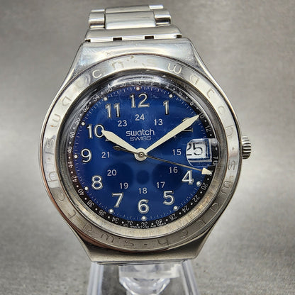 Swatch Irony Happy Joe Watch Men 37mm Blue Dial Steel Date Round New Battery AB10