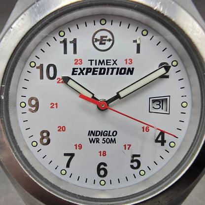 Timex Expedition Watch Men 39mm White Dial Silver Tone Date READ!!! Round NewBat1