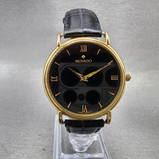 Movado Watch Men 34mm Black Dial Gold Tone Round 87E40885 New Battery0