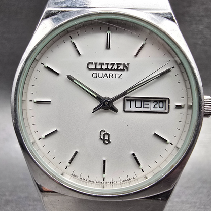 Citizen CQ Watch Men 34mm White Dial Silver Tone Daydate 3801-987918 New Battery1