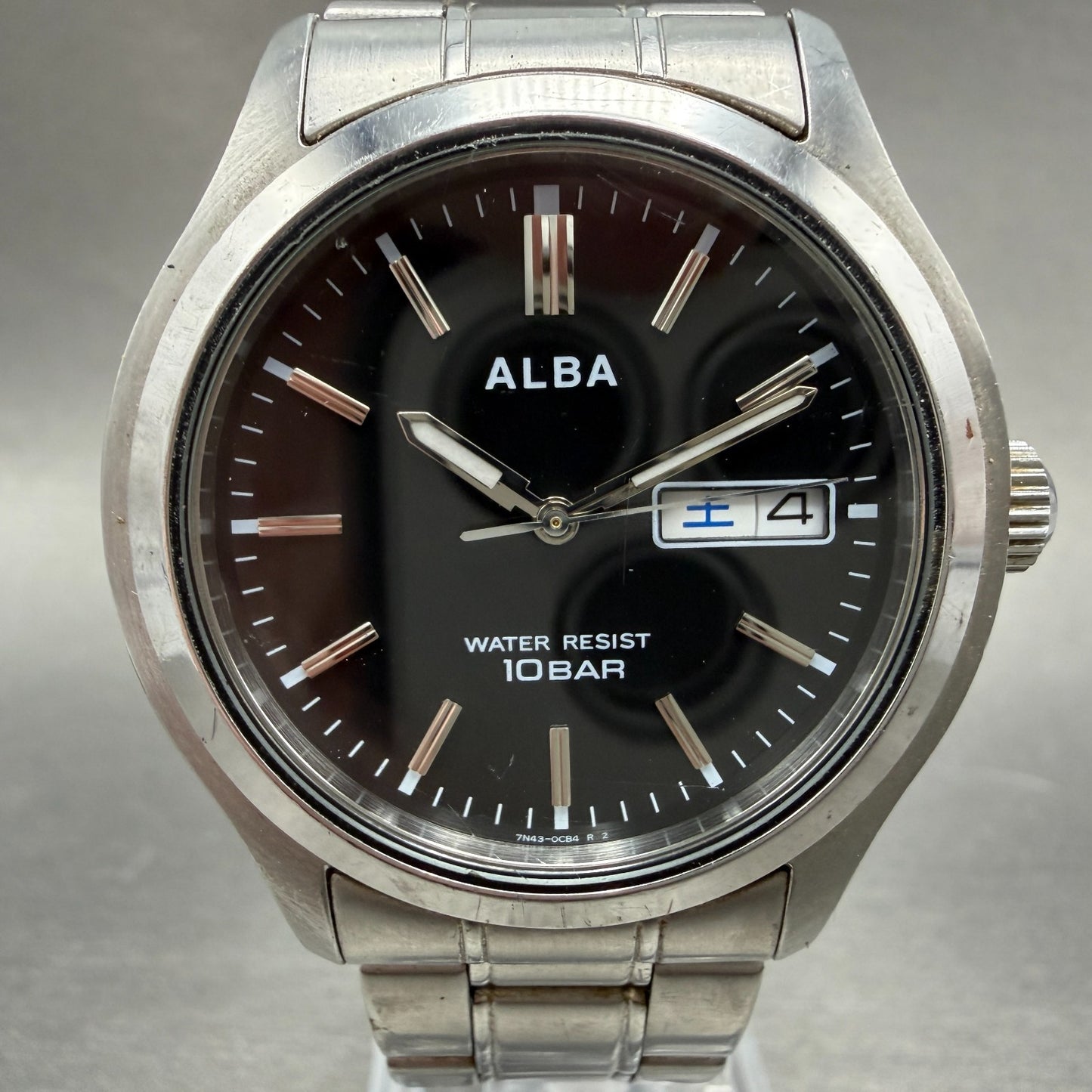 Seiko Alba Watch Men 38mm Black Dial Silver Tone Daydate 7N43-0BA0 New Battery0