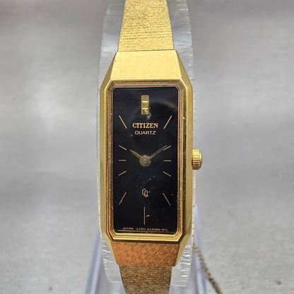 Citizen CQ Watch Women 13mm Black Dial Gold Tone Rectangle 2250-223373 New Batt0