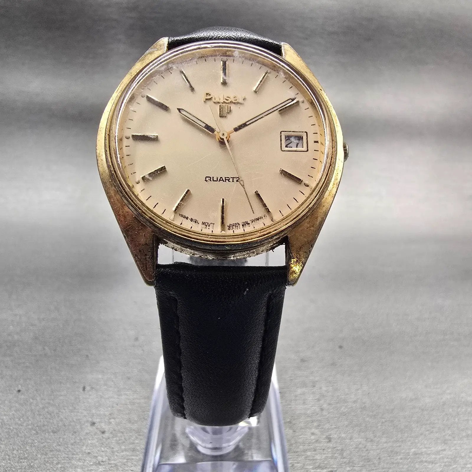 Seiko Pulsar Watch Men 36mm Champagne Dial Gold Tone Date Y562-8139 New Battery5