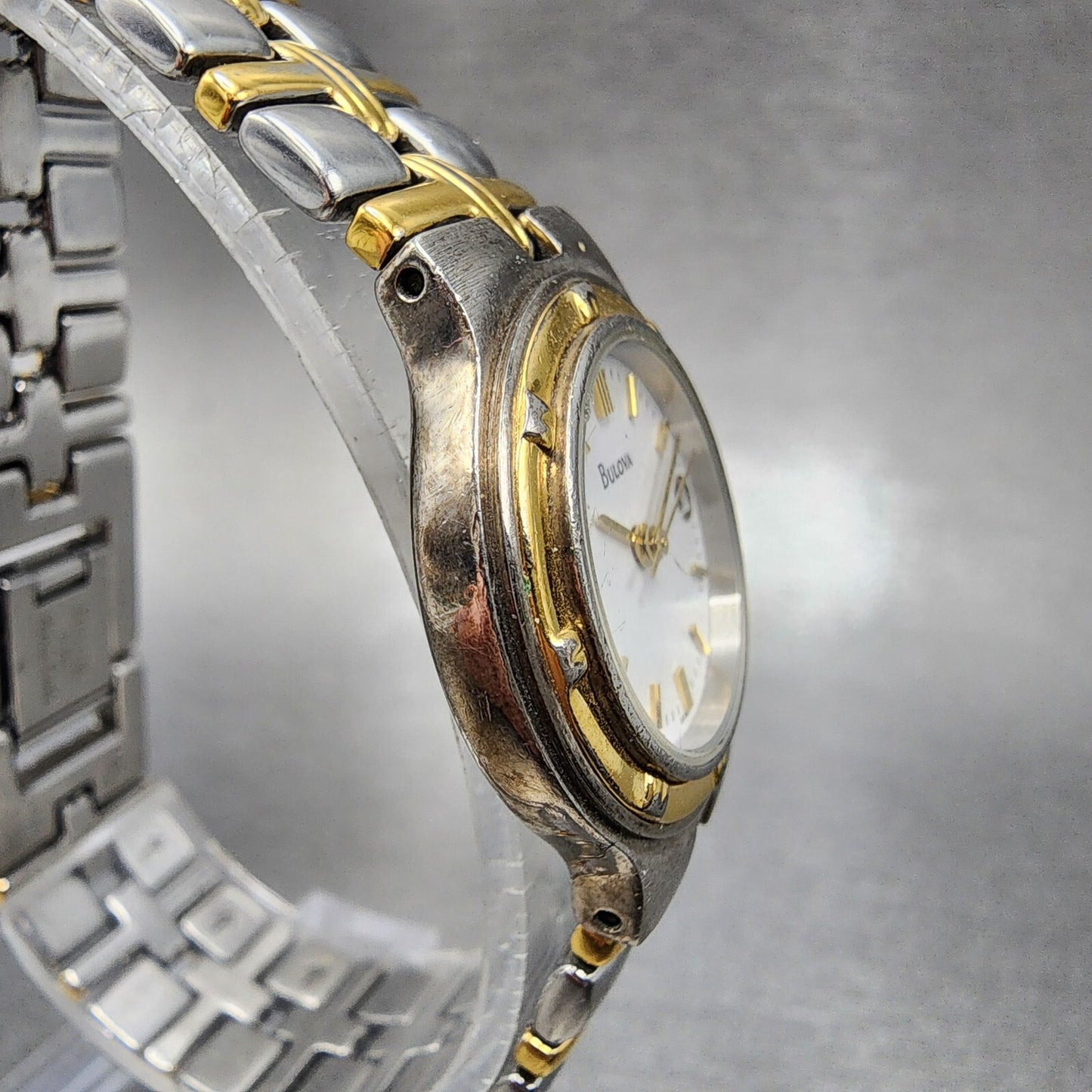 Bulova Watch Women Two Tone White Dial Date 25mm Round 98M36 New Battery A1233
