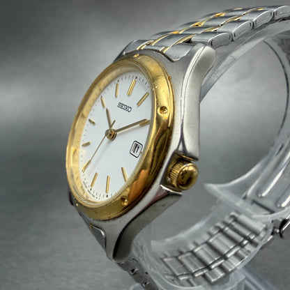 Seiko Watch Women 28mm White Dial Two Tone Date Round 7N82-0790 New Battery VTG3