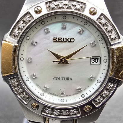 Seiko Coutura Watch Women 26mm MOP Dial Two Tone Date Diamond 7N82-0CG0 NewBat p1