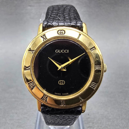 Gucci 3001L Watch Women 26mm Black Dial Gold Tone Round New Battery Vintage0
