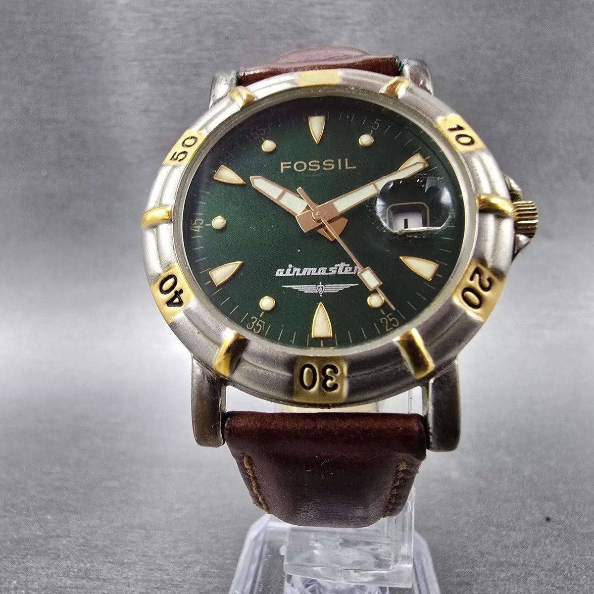 Fossil Airmaster Watch Men 38mm Green Dial Two Tone Date Round AC-1611 New Batt5