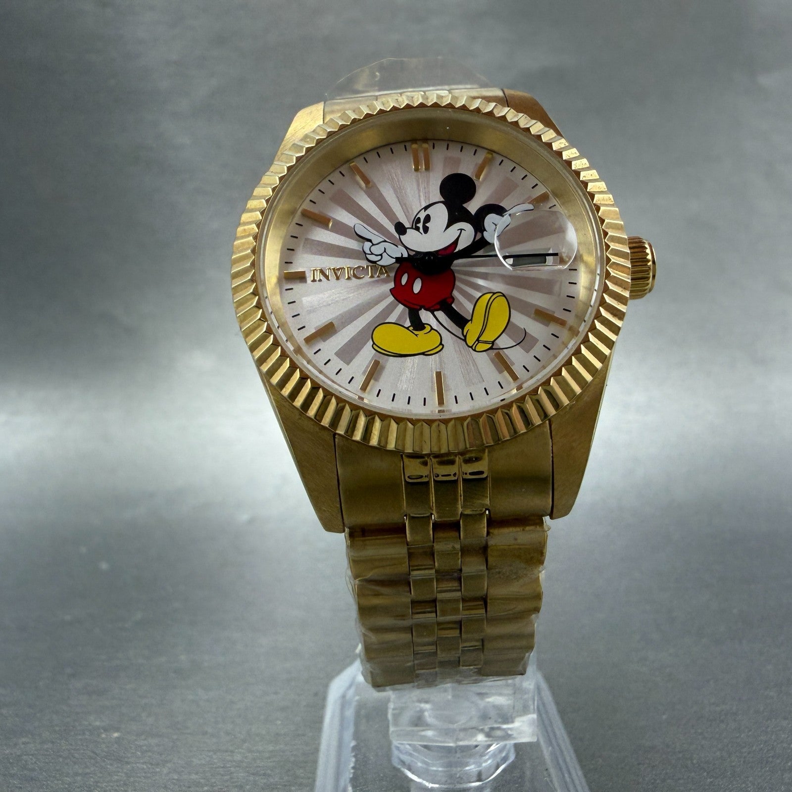 Invicta Mickey Mouse Watch Men 36mm Silver Dial Gold Tone Date 22775 New Battery5