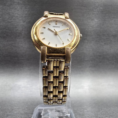 Seiko Watch Women 24mm White Dial Gold Tone Round V701-1781 New Battery VintageL5
