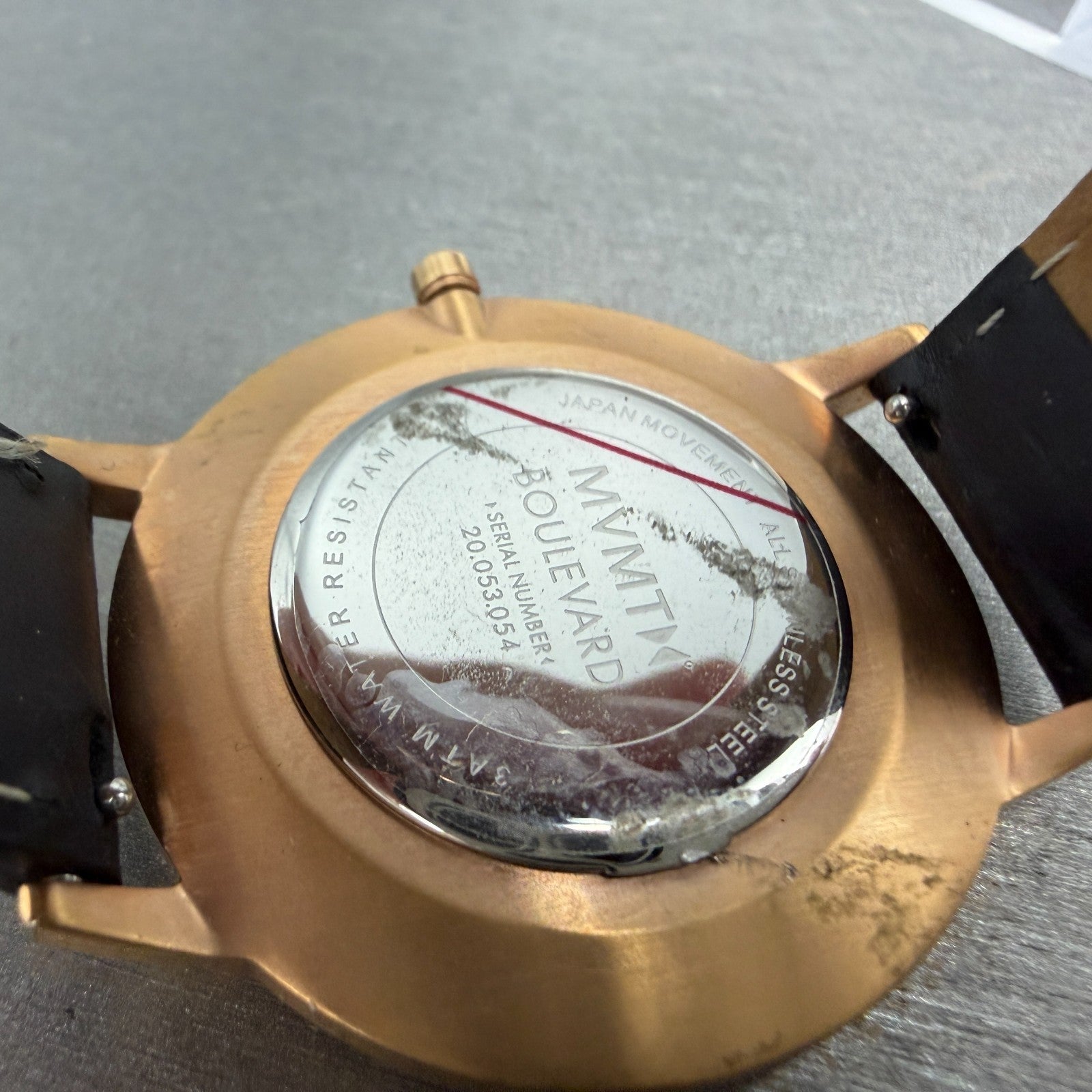 MVMT Boulevard Watch Women 38mm Black Dial Rose Gold Tone Leather New Battery P9