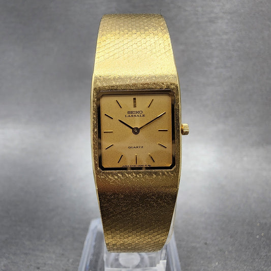 Seiko Lassale Tank Watch Women 17mm Champagne Dial Gold Tone 67305019 New Batt0
