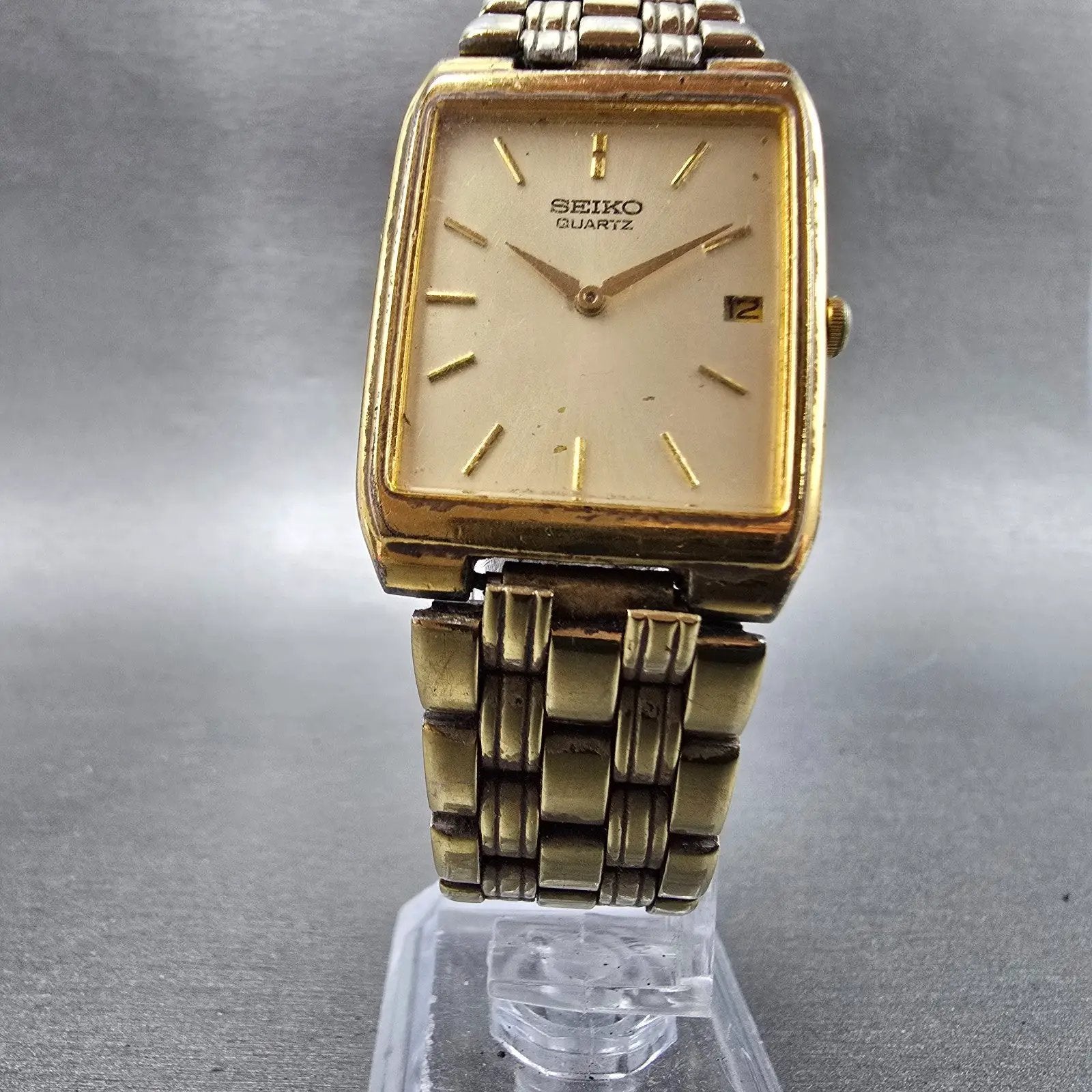 Seiko Watch Men 27mm Champagne Dial Gold Tone Date Rectangle 7N29-5B29 PARTS6