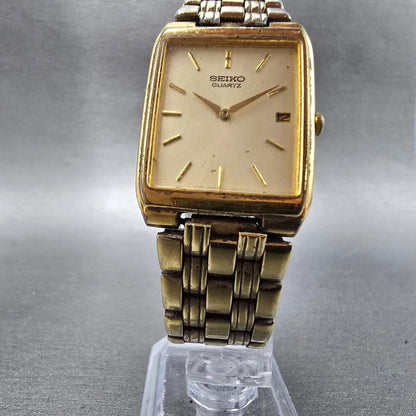 Seiko Watch Men 27mm Champagne Dial Gold Tone Date Rectangle 7N29-5B29 PARTS6