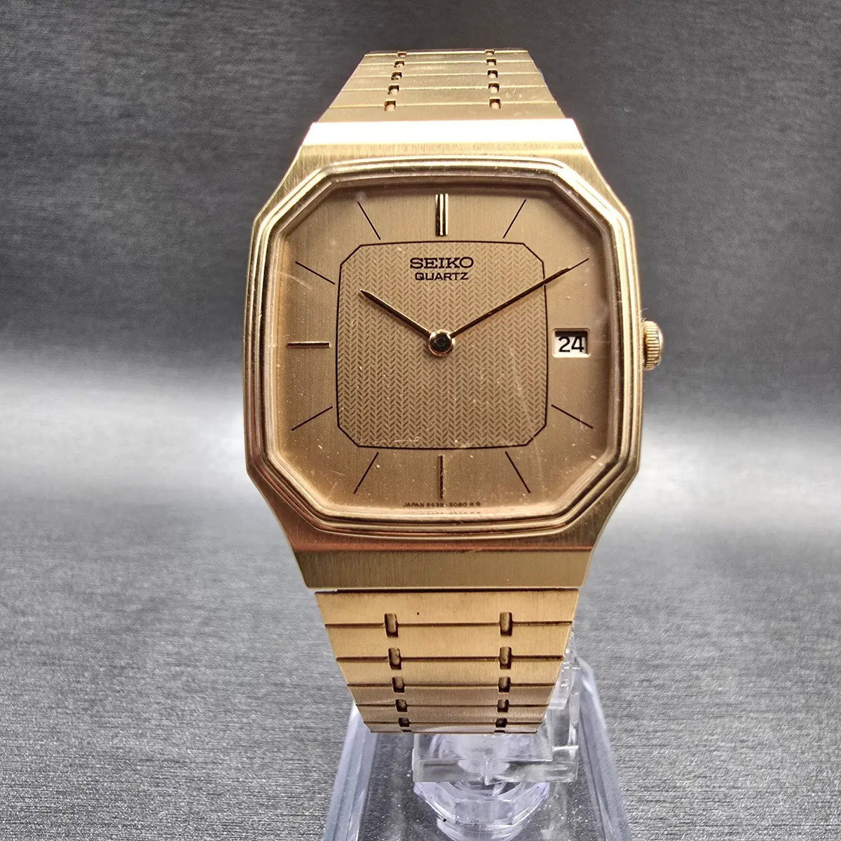 Seiko Watch Men 29mm Gold Dial Gold Tone Date Rectangle 6439-5039 New Battery5