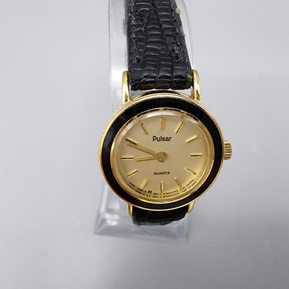 VTG Pulsar Watch Women Gold Tone Round 22mm Leather Band Y480-0540 New Battery
