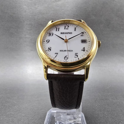 Citizen Reguno Solar Watch Men 33mm White Dial Gold Tone Date E111-T017223 Runs5