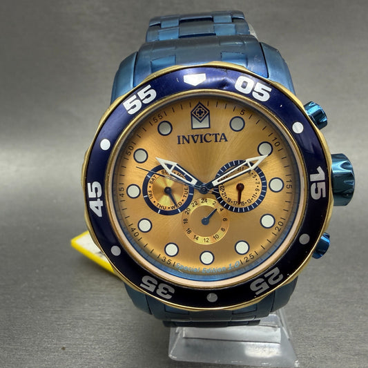Invicta Pro Diver Watch Men 49mm Gold Dial Blue Tone Daydate Round 15044 New Bat0
