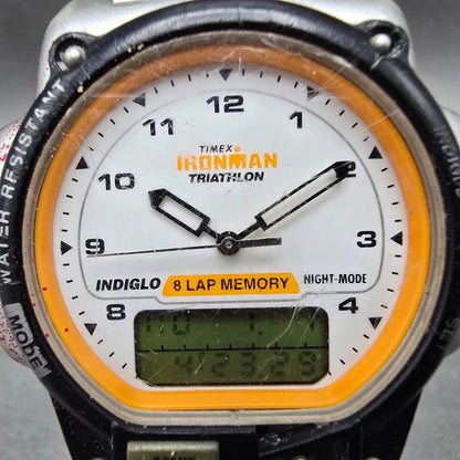Timex Ironman Triathlon Watch Men 42mm White Dial Silver Alarm Chrono READ Runs1