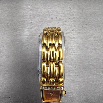 Seiko Watch Women 13mm Pink Dial Gold Tone Diamonds Rectangle 2E20-7191 New Batt4