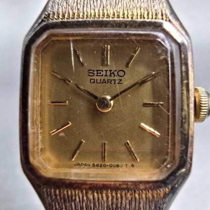 Seiko Watch Women 17mm Gold Dial Gold Tone Rectangle 5420-5010 New Battery VTG1