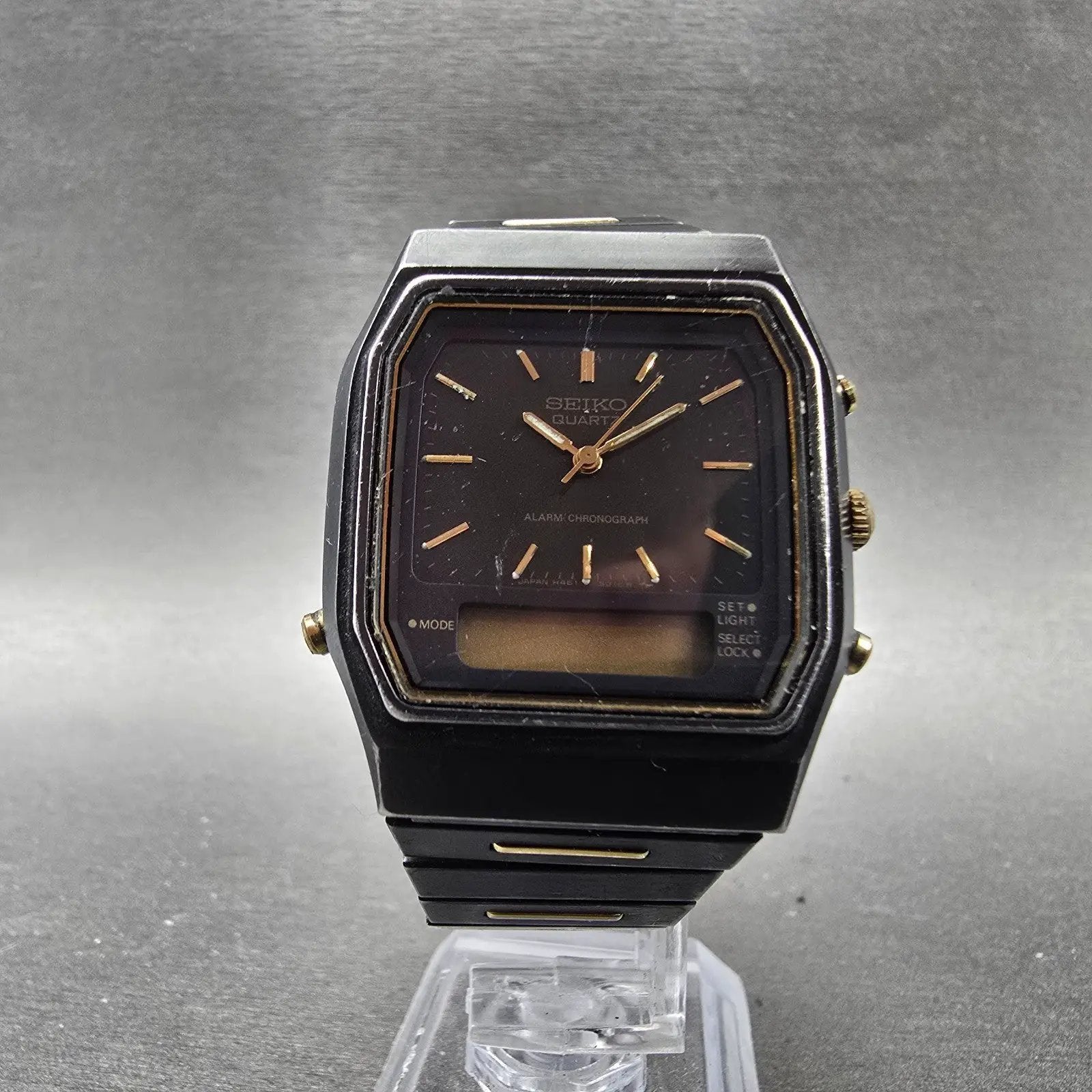 Seiko Analog Digital Watch Men 32mm Black Gold Alarm Chrono H461-5030 PARTS6