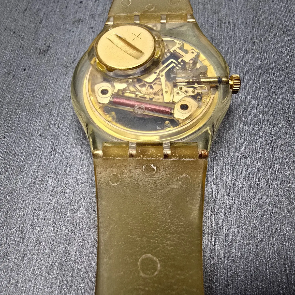 Swatch Golden Jelly Watch Men 34mm Skeleton Dial Clear Case READ! GZ115 New Batt12