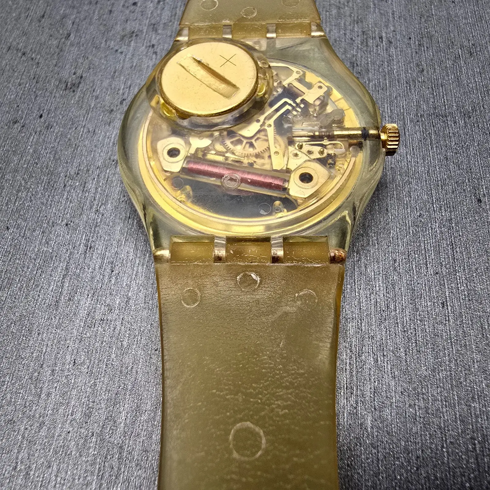 Swatch Golden Jelly Watch Men 34mm Skeleton Dial Clear Case READ! GZ115 New Batt12