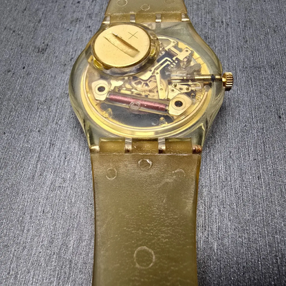 Swatch Golden Jelly Watch Men 34mm Skeleton Dial Clear Case READ! GZ115 New Batt12