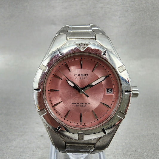 Casio Women Diver Watch Women 33mm Pink Dial Silver Tone Date LTD1035 New Batt10
