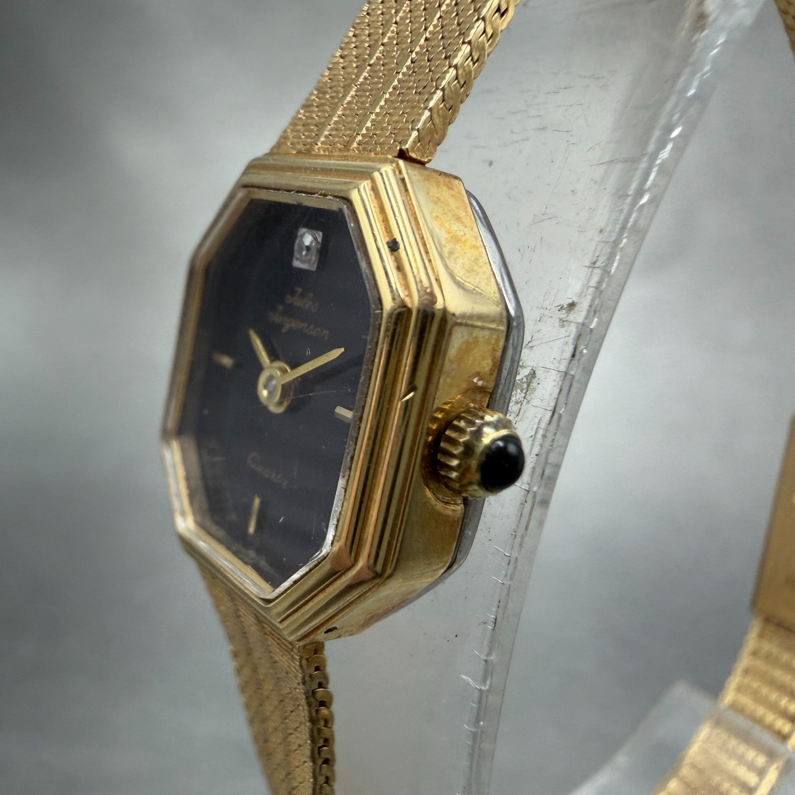 Jules Jurgenson Watch Women 15mm Black Dial Gold Tone Octagon New Battery VTG2