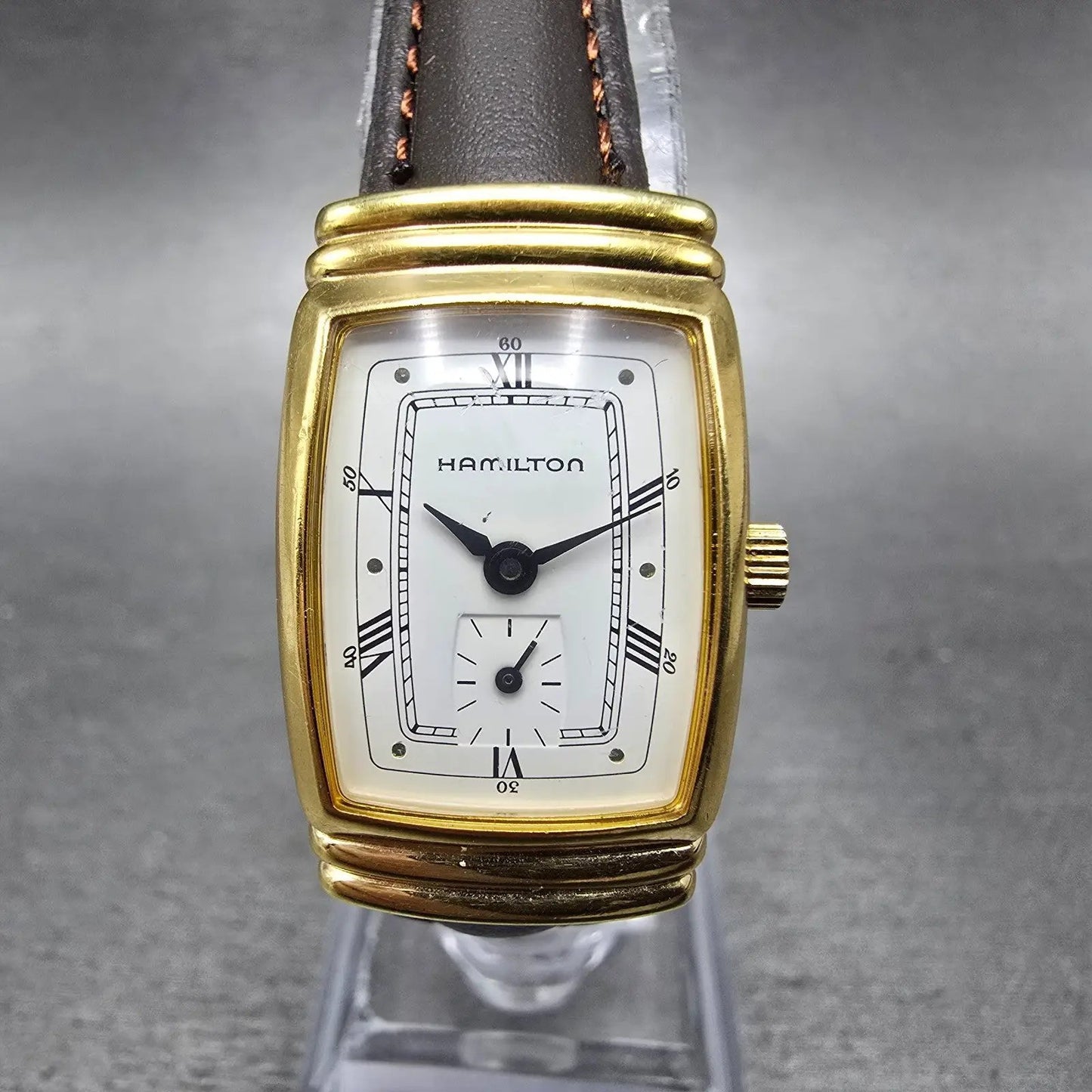 Hamilton Watch Women 19mm White Dial Gold Tone Small Seconds Rectangle New Batt0