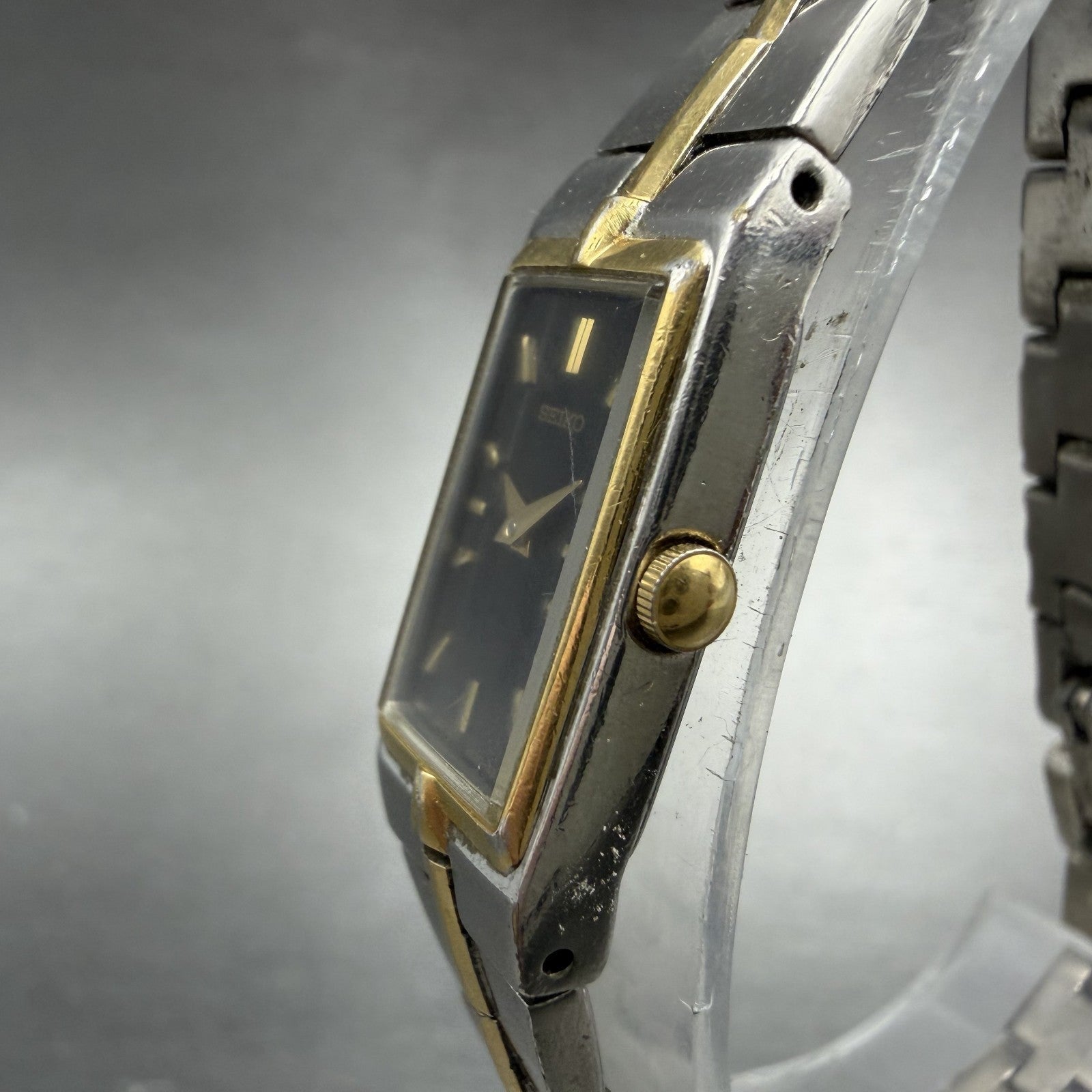 Seiko Tank Watch Women 13mm Black Dial Two Tone Rectangle 2e20-7479 New BatteryU2