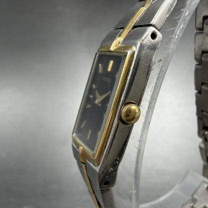 Seiko Tank Watch Women 13mm Black Dial Two Tone Rectangle 2e20-7479 New BatteryU2