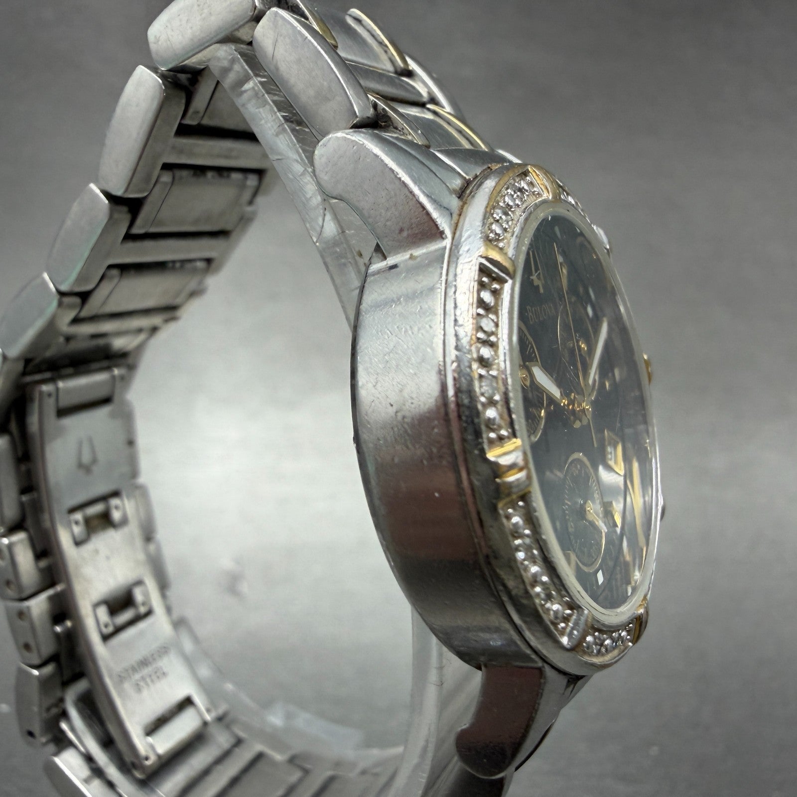 Bulova Chronograph Watch Women 30mm Black Dial Two Tone Date 98W15 New Battery3