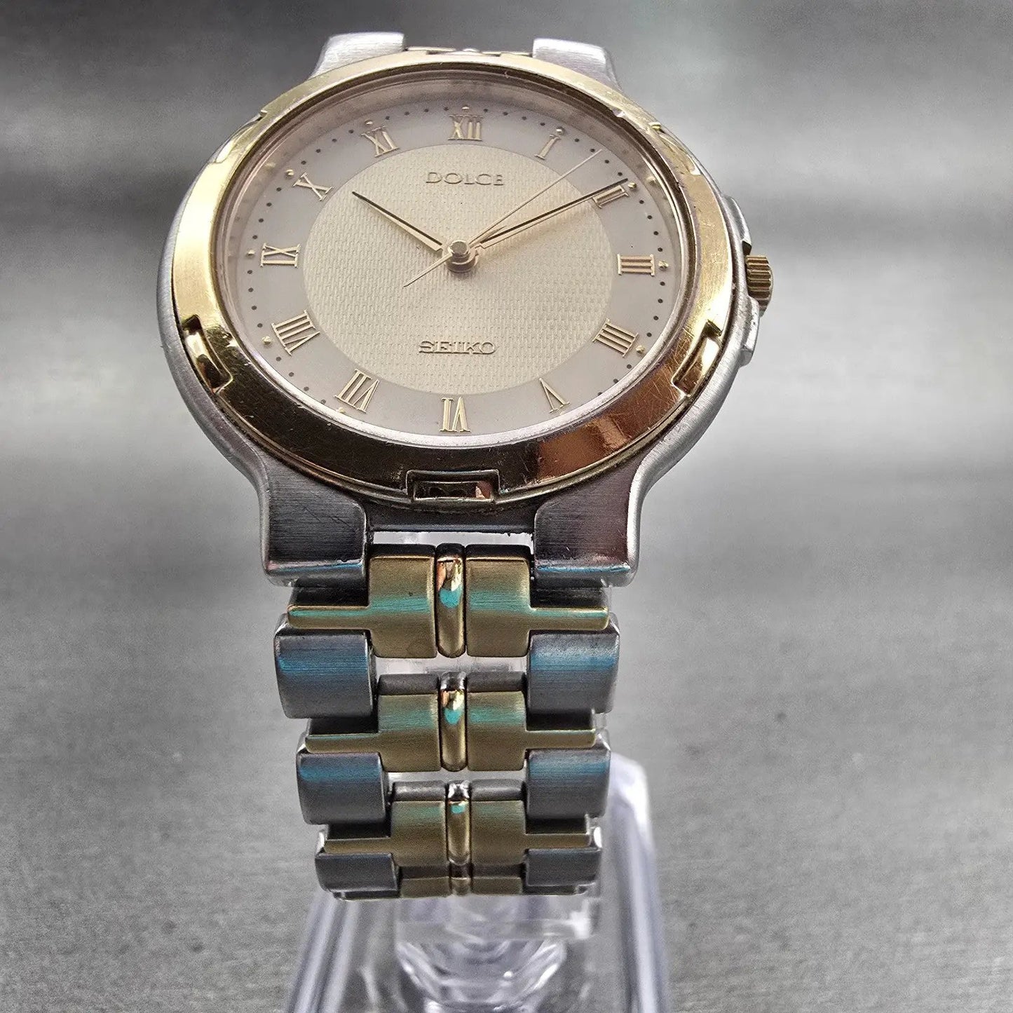 Seiko Dolce Watch Men 33mm Champagne Dial Two Tone Round 5E31-6D40 New Battery5