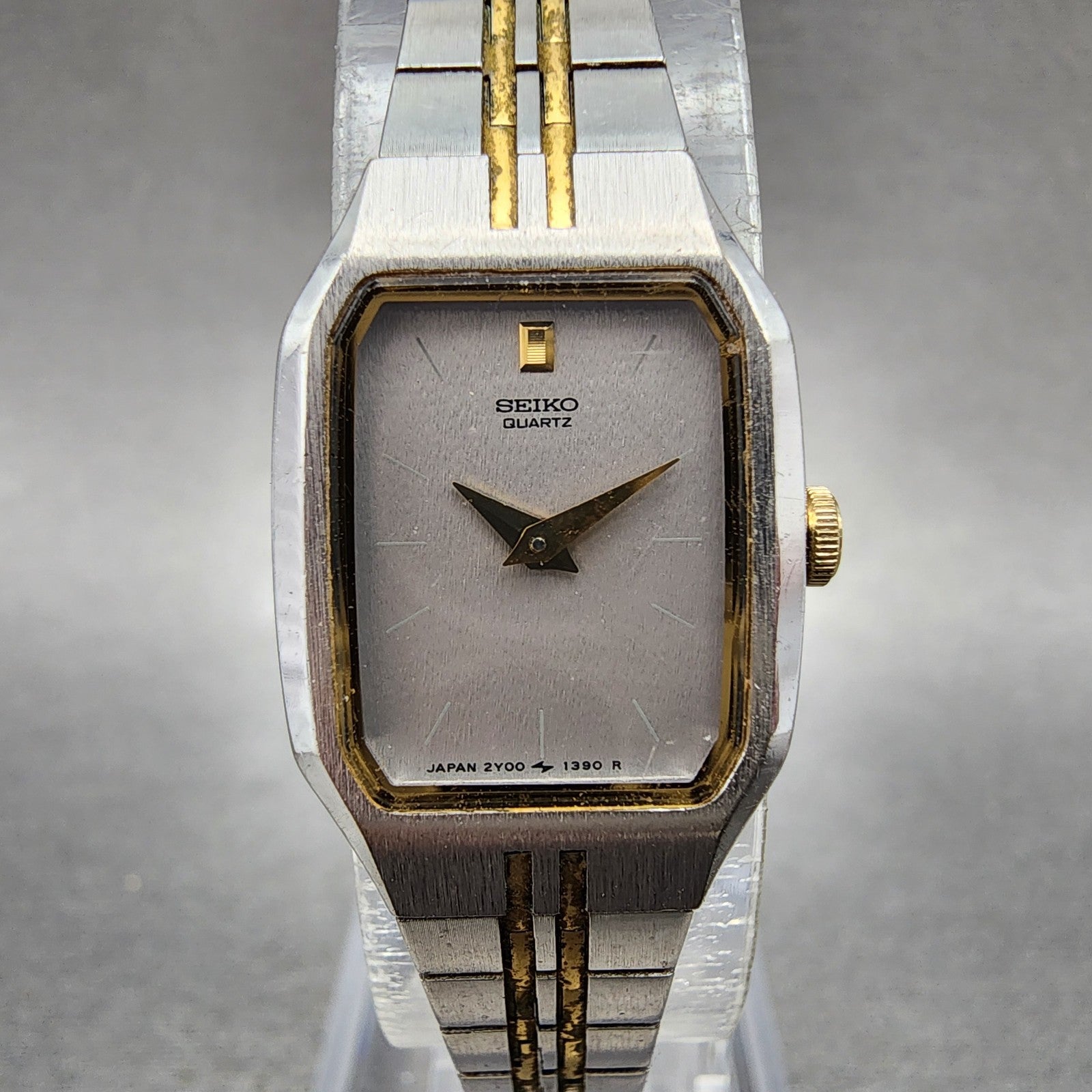 Seiko Watch Women 17mm Silver Dial Two Tone Rectangle 2Y005279 New Battery0