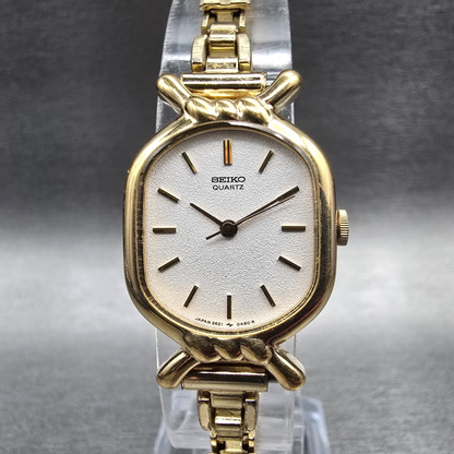 Seiko Watch Women 21mm White Dial Gold Tone Oval 2621-5230 New Battery Vintage0