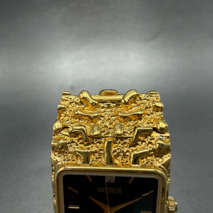 Benrus Gold Nugget Watch Unisex 28mm Black Dial Gold Tone Date Rectangle New bat4