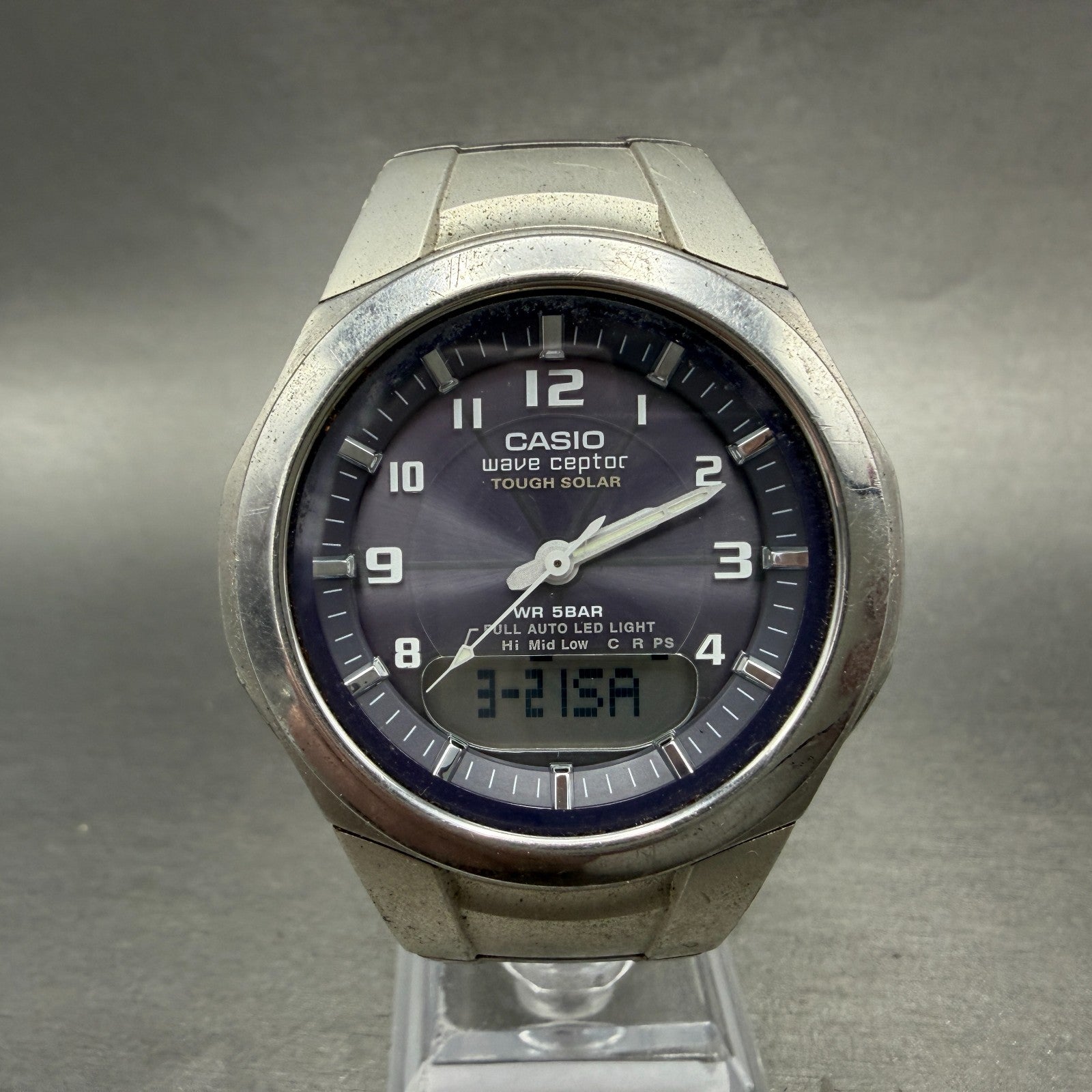 Casio Wave Ceptor Watch Men 42mm Blue Dial Analog Digital Steel WVA-400J Runs0